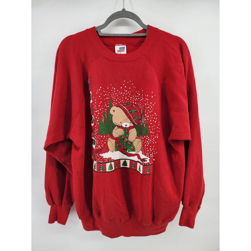 Vintage Ultra Sweats Christmas Teddy Bear Red Sweatshirt XL Made in USA